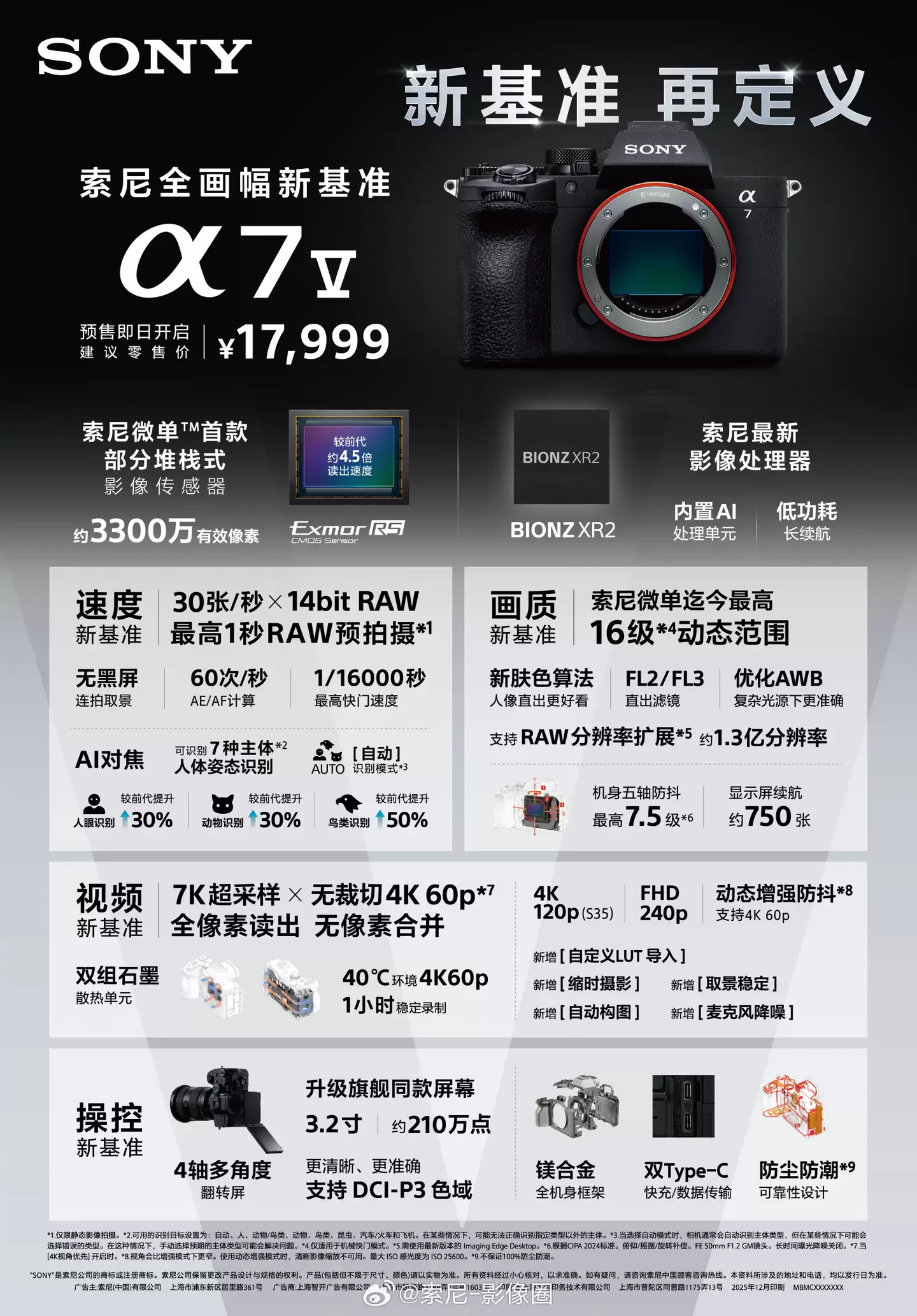 17999 元 Alpha&nbsp;7&nbsp;Ⅳ 全画幅无反相机正式发布：索尼微单首款 33MP 部分堆栈式传感器、最新 BIONZ XR2 处理器