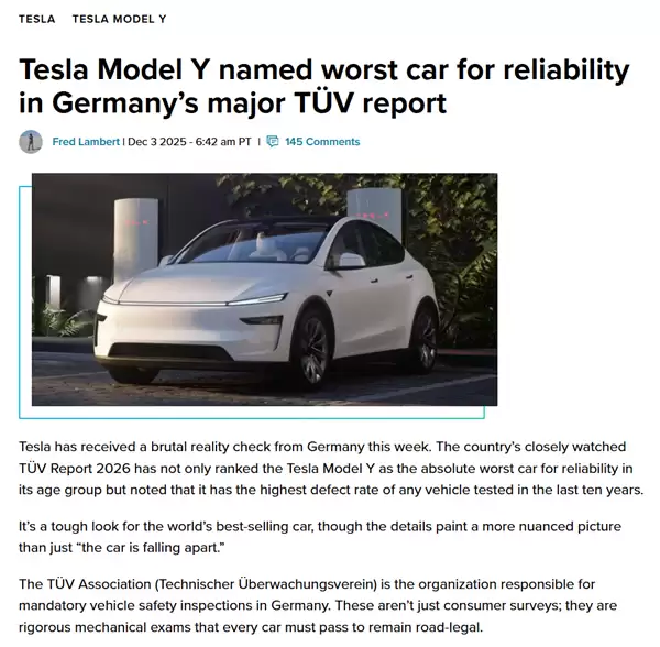 德国权威机构:特斯拉Model Y被评为可靠性最差车型