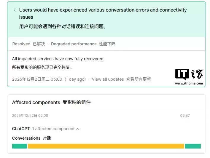 AI 聊天机器人 ChatGPT 今天突发故障,OpenAI 已紧急修复
