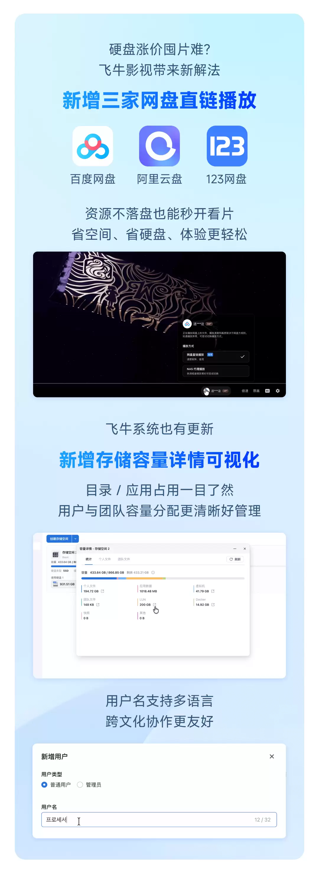 国产NAS系统飞牛fnOS更新v1.1.4,新增3家网盘直链播放、存储容量详情可视化