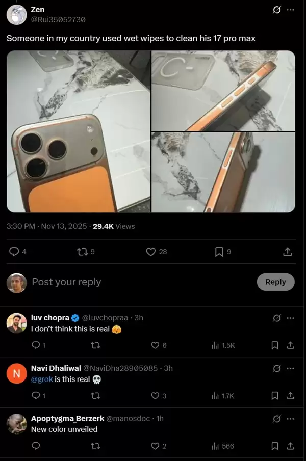 安卓看懵!网友称iPhone 17 Pro Max被湿巾擦掉漆:画面难以置信