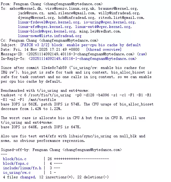 Linux 6.19 默认启用 Per-CPU BIO 缓存:文件系统性能提升 2%,字节跳动工程师主导