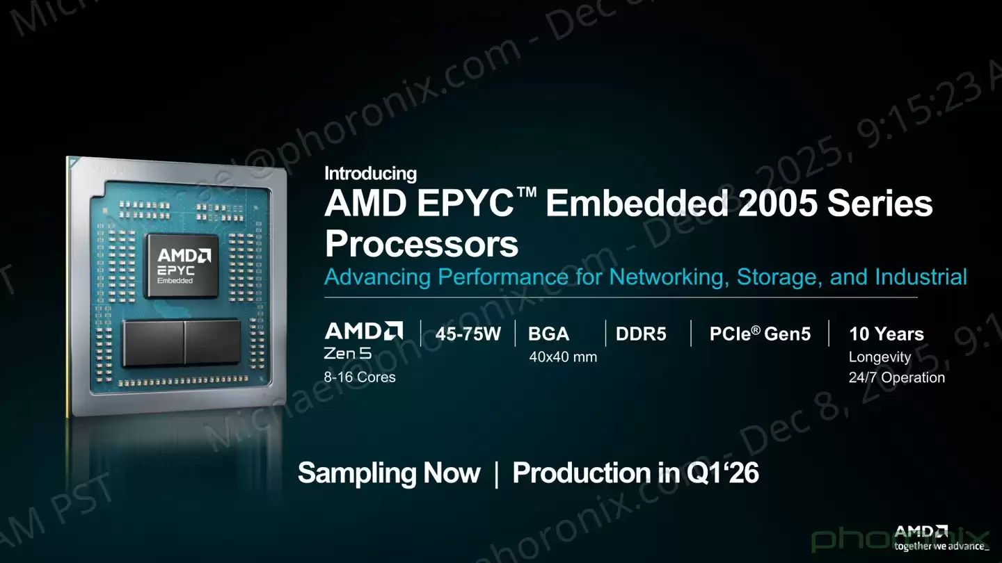 AMD EPYC Embedded 2005 系列嵌入式 CPU 发布:基于 BGA 封装,提供 10 年供货周期