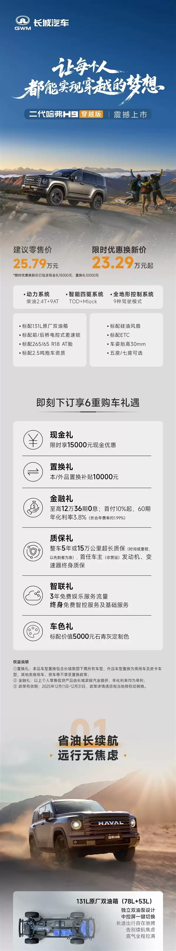 自带AT胎、涉水深度800mm!哈弗H9穿越版上市:限时23.29万