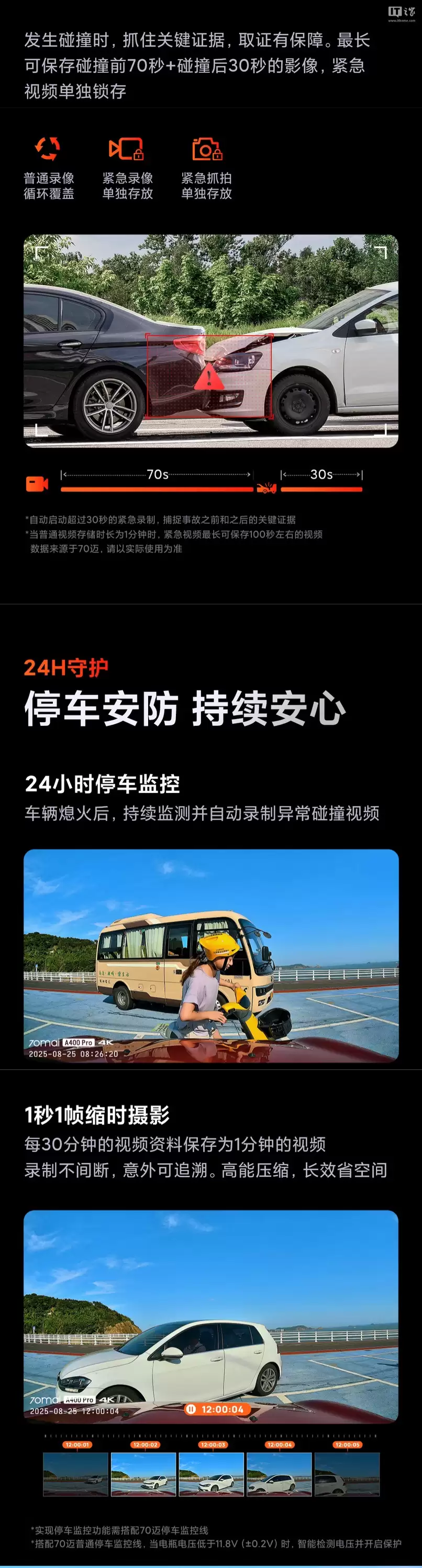 70 迈 A400 Pro 行车记录仪上架:智能 HDR、超级电容,299 元起