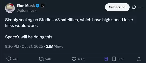 马斯克猛带货太空数据中心：能耗比地球香太多