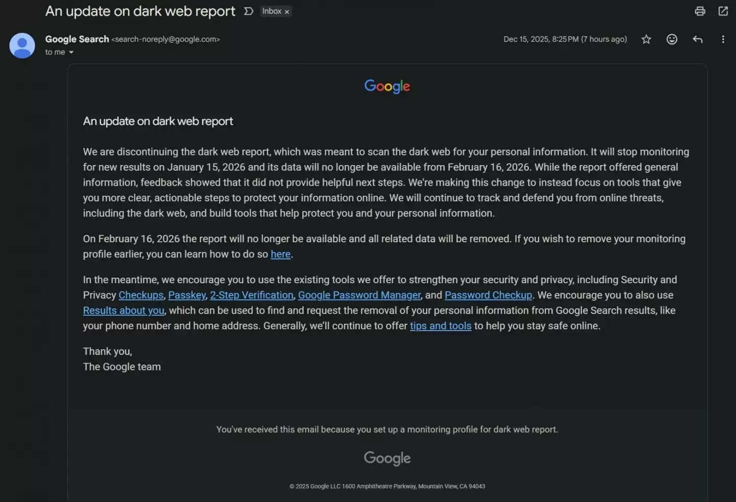 因“缺乏实效”，谷歌 2026 年 1 月起不再为你扫描暗网数据