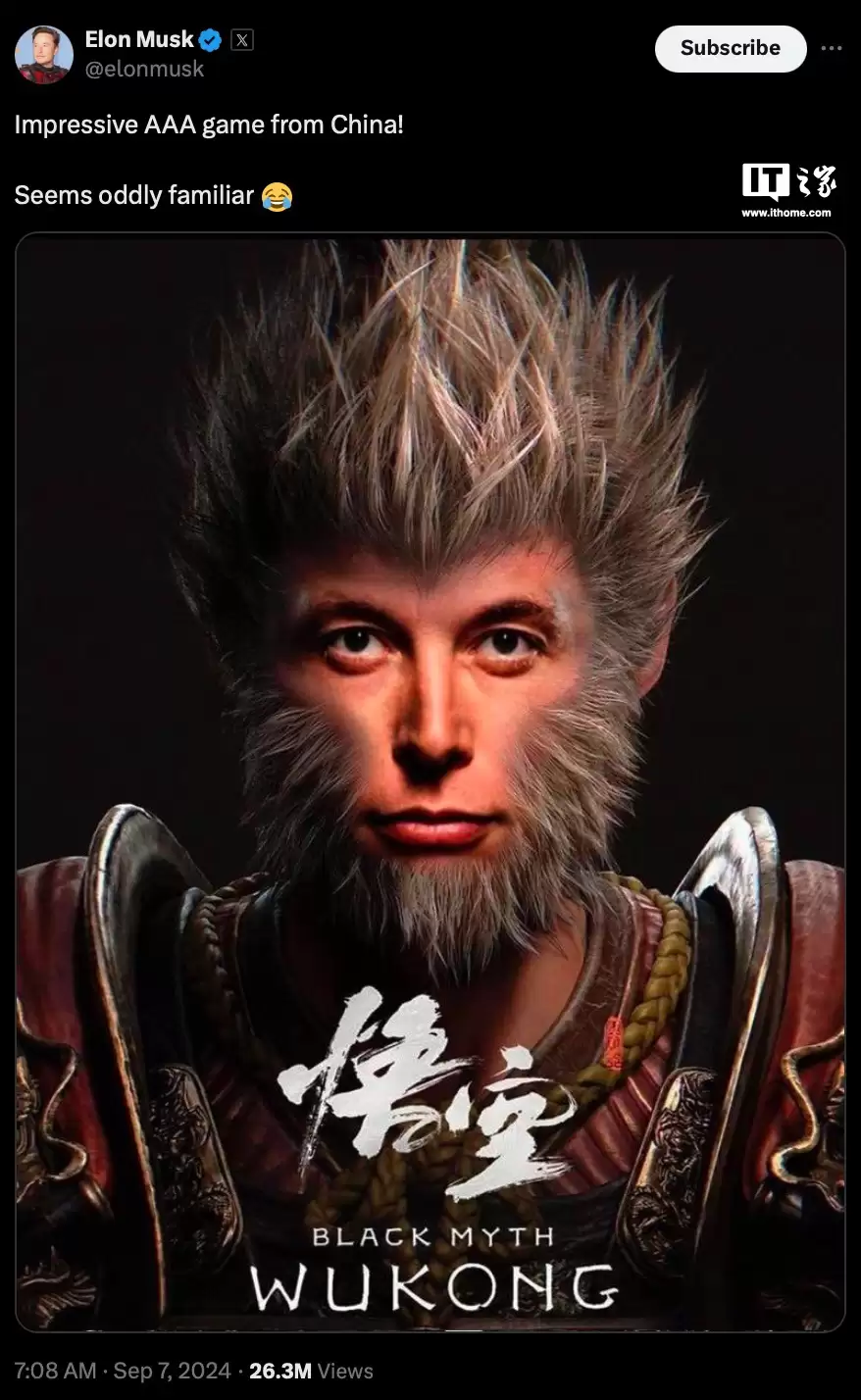 马斯克发文评价游戏《黑神话:悟空》“令人印象深刻的中国3A大作”