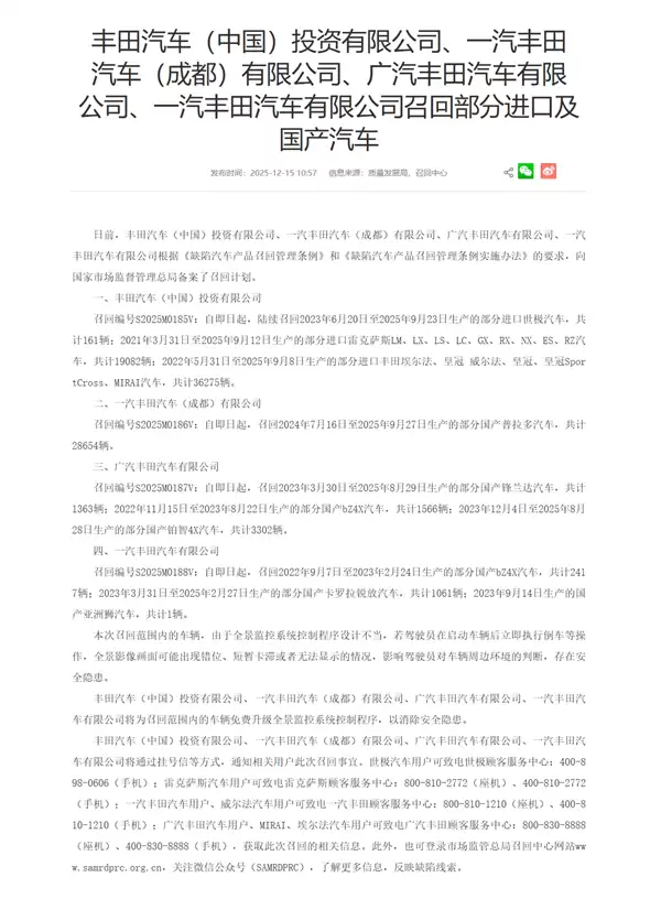 丰田多款进口国产车因全景影像问题被召回