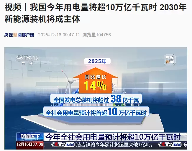 2025年用电量将破10万亿千瓦时 新能源装机将超五成
