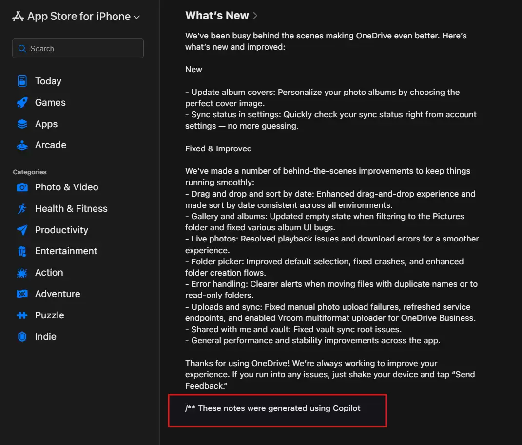 微软借旗下iOS应用更新日志推广Copilot：标注“由AI生成”