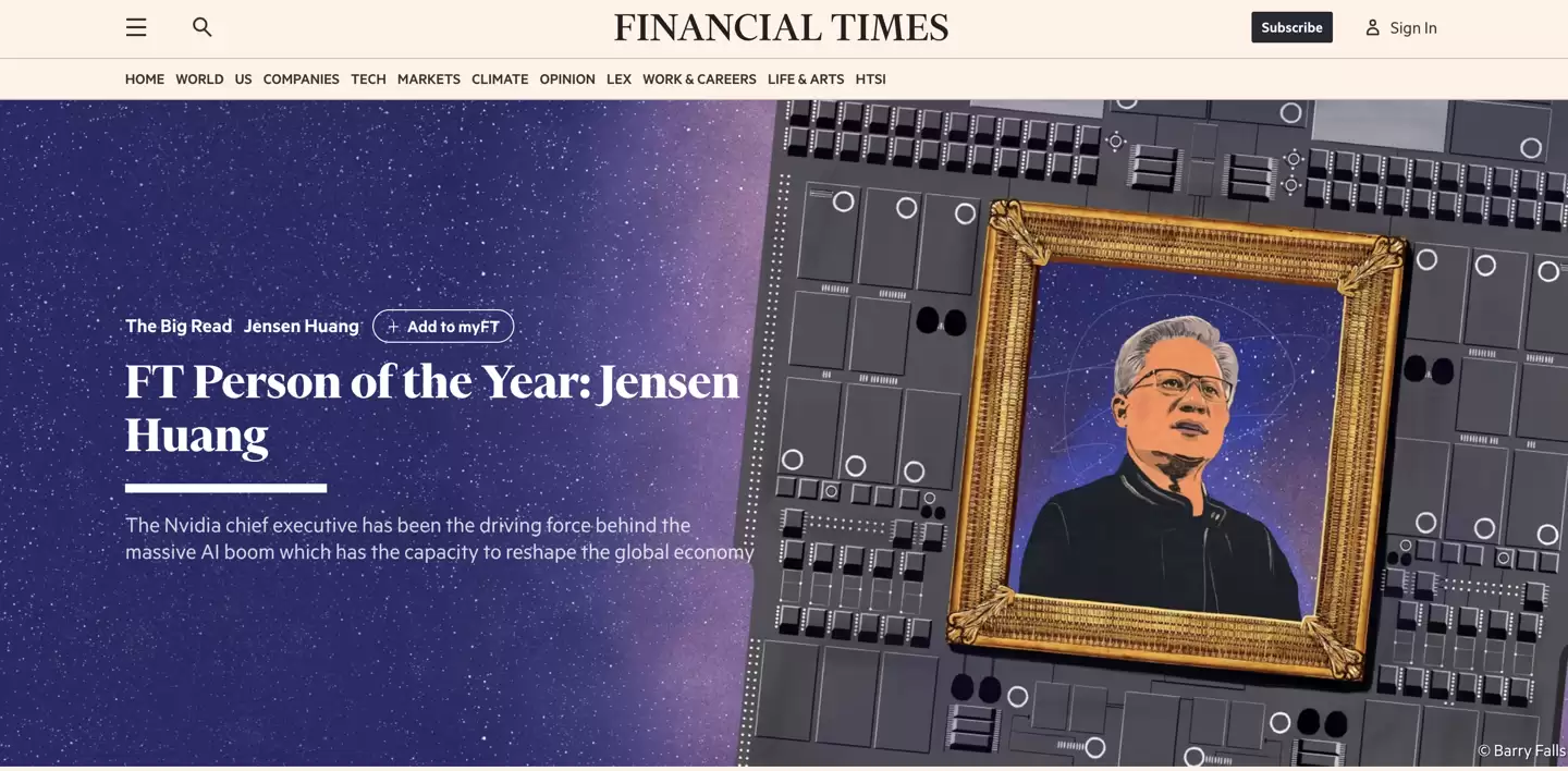 英国《金融时报》2025 年度人物揭晓:英伟达 CEO 黄仁勋
