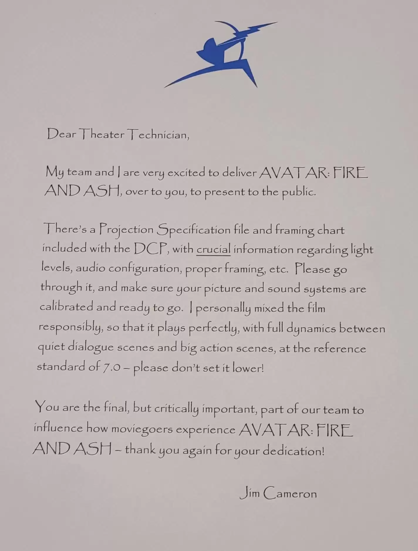 卡梅隆亲自致信影院，指导技术人员如何以最佳效果放映《阿凡达：火与烬》