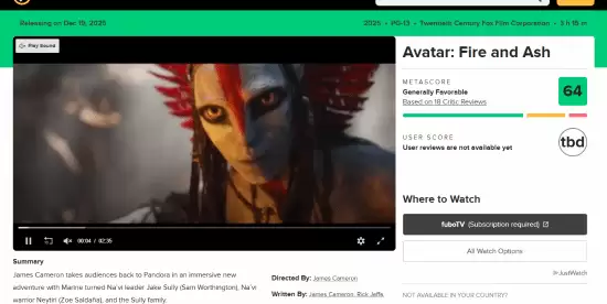 《阿凡达3》媒体口碑解禁！M站64分 降低期待