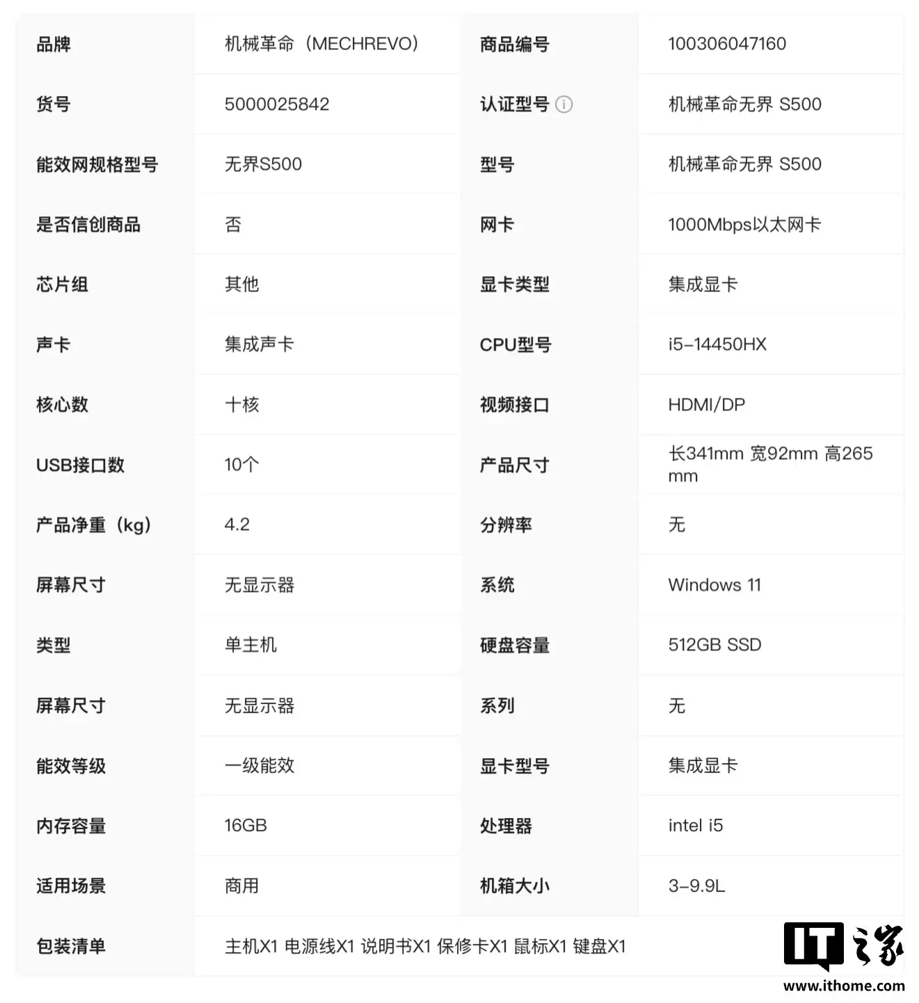 机械革命无界 S500 台式主机首销，i5-14450HX + 16G + 512G 售 2499 元