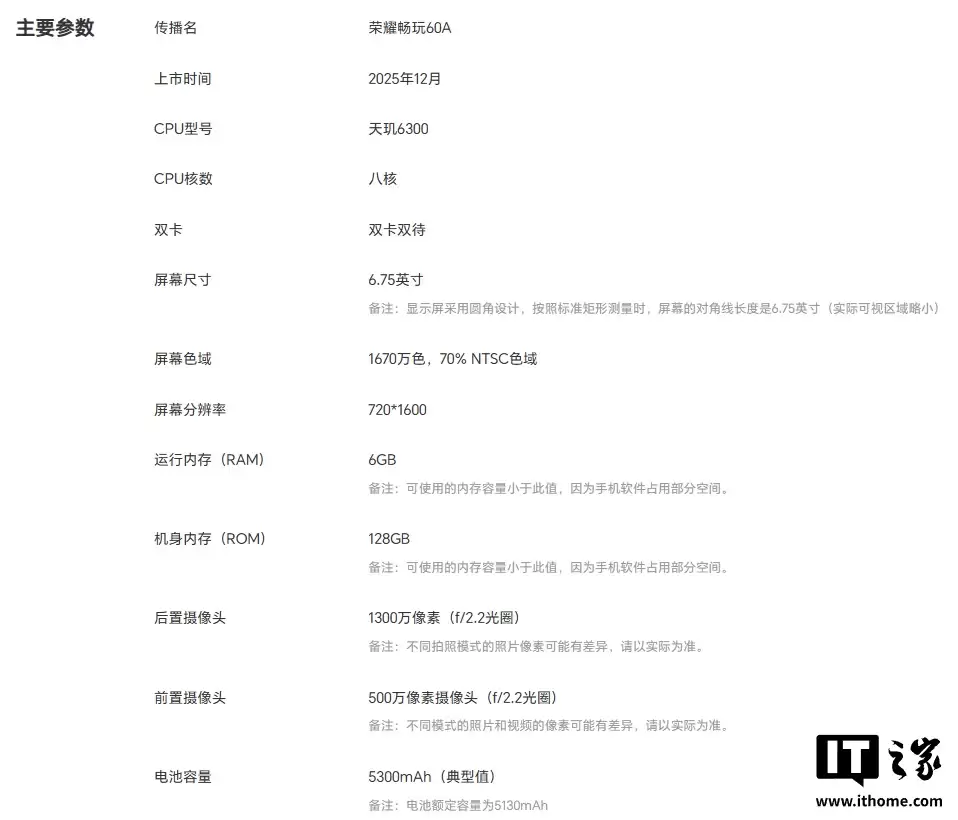 荣耀畅玩60A手机现身官网：天玑6300处理器、90Hz高刷屏，定价1599元