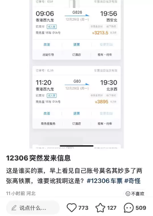 河北网友12306账户突现两张未购高铁票