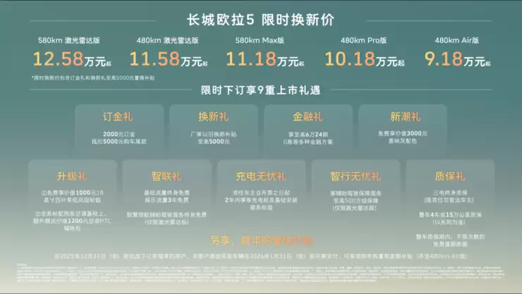 长城欧拉5正式上市:9.18万元起售,激光雷达城市NOA下探至A级SUV