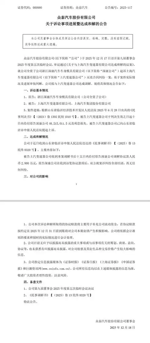 众泰子公司获赔2900万化解变速箱纠纷