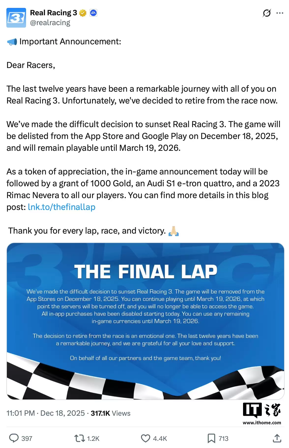 运营 12 年终落幕:EA 手游《真实赛车 3》明年 3 月 19 日关服