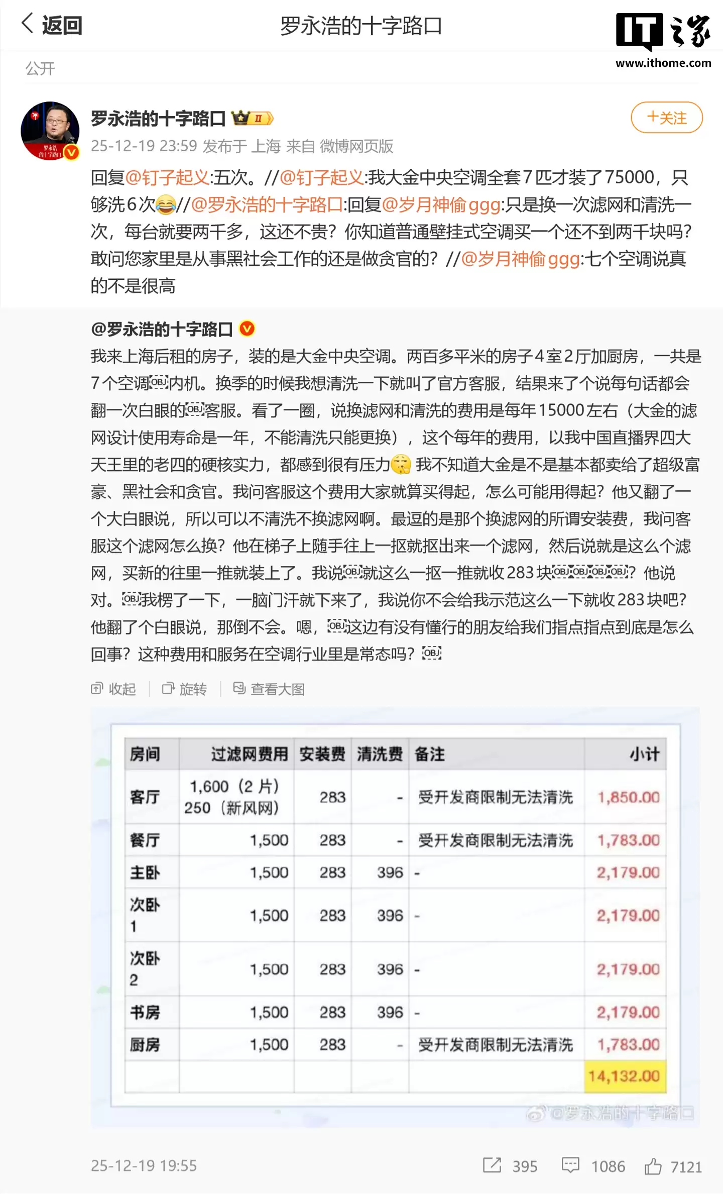 罗永浩质疑大金中央空调售后:7台内机每年维护成本约1.5万元