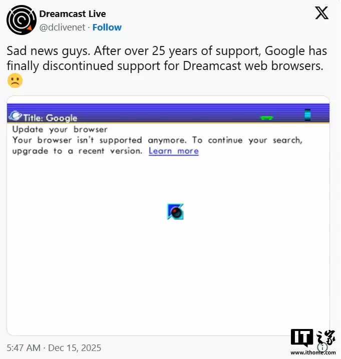 世嘉 Dreamcast 内置浏览器被谷歌“封杀”，已有 25 年历史