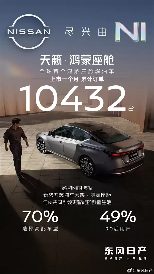 燃油车全球首搭鸿蒙座舱版 日产天籁上市30天订单过万