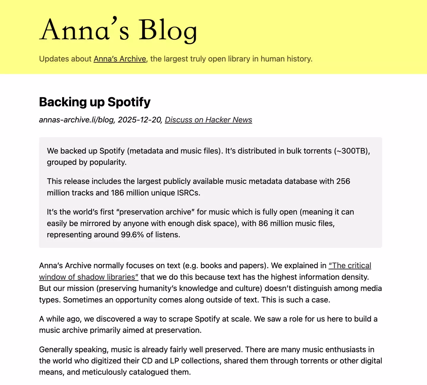 安娜的档案馆入侵全球最大音乐平台窃取300TB数据