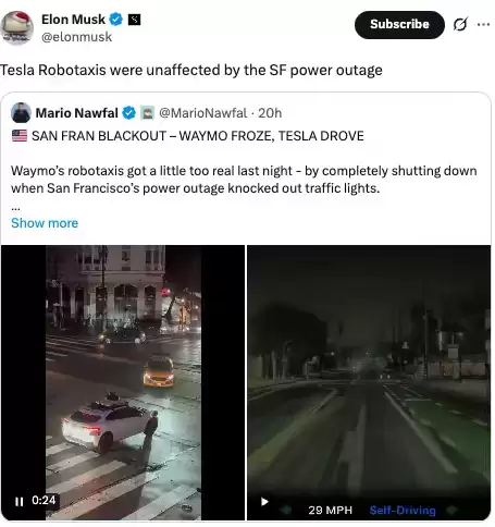 美国旧金山停电致 Waymo 自动驾驶出租车集体趴窝，马斯克称特斯拉不受影响