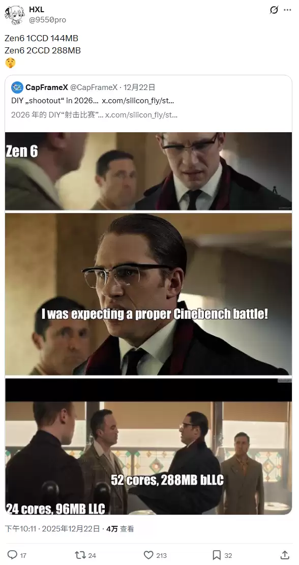 直面英特尔 Nova Lake,AMD Zen 6 处理器被曝同样采用 144/288MB 末级缓存方案