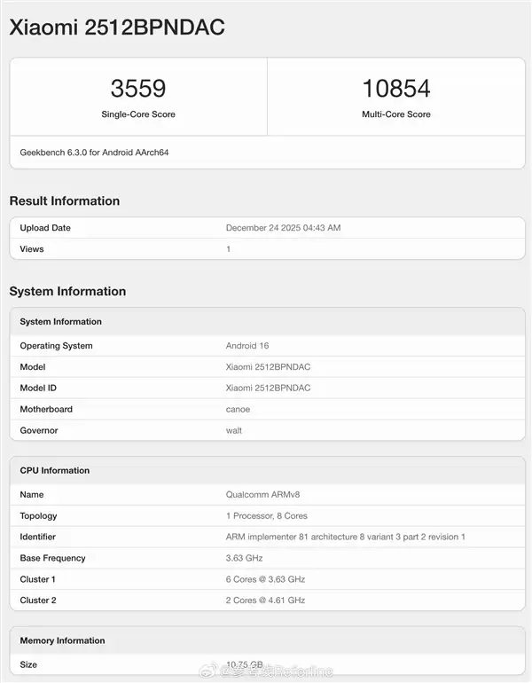 小米17 Ultra跑分现身:第五代骁龙8至尊版、12GB内存起步