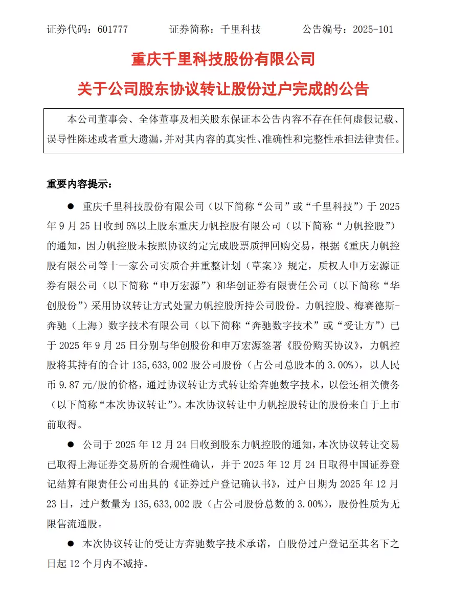 “吉利系”千里科技迎重要战略股东，奔驰数字技术完成 3% 股权交易