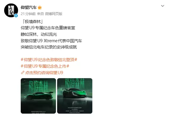 仰望U9推出“极境森林”专属纪念车色