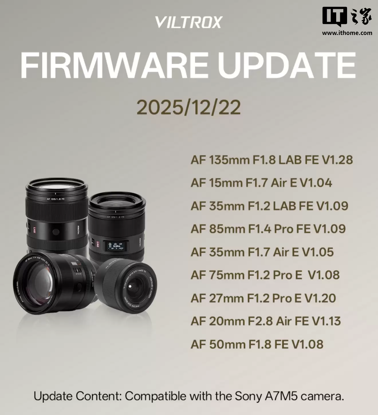唯卓仕为AF 24mm f/1.8、35mm f/1.2 LAB等索尼E/FE卡口镜头更新固件,改进Alpha 7 V相机兼容性