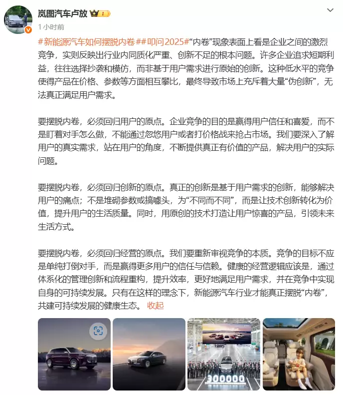岚图汽车卢放谈新能源车内卷:应回归用户、创新与经营原点