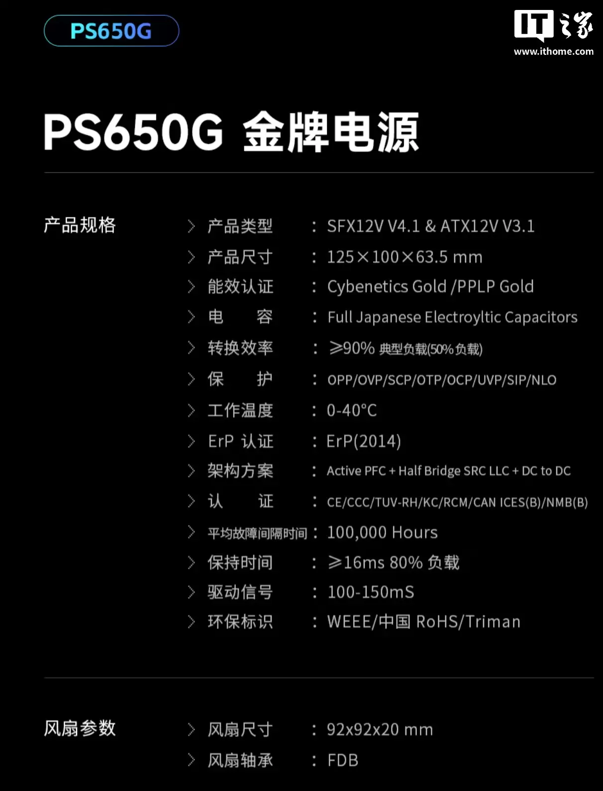 九州风神上架 PSG 系列 SFX 金牌全模组电源：提供 650W-850W 可选，599 元起