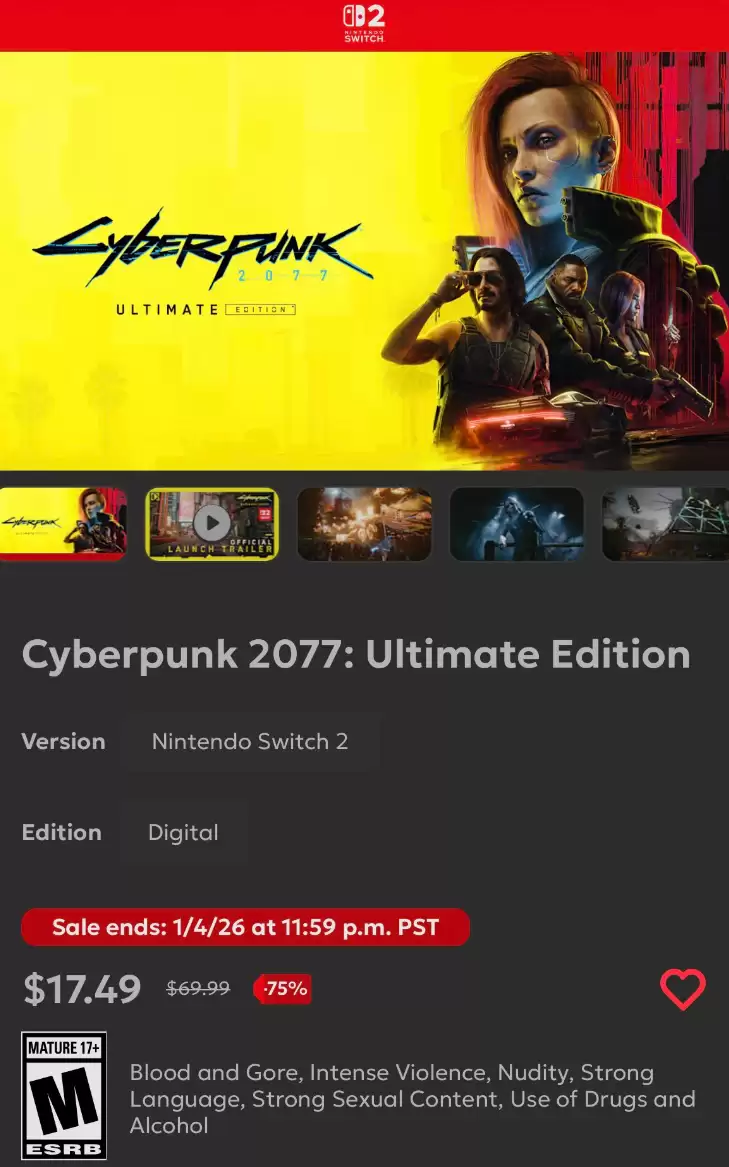 CDPR 手滑打错价：《赛博朋克2077》Switch 2 版惊现“-75%”超大折扣，已购用户不用补钱