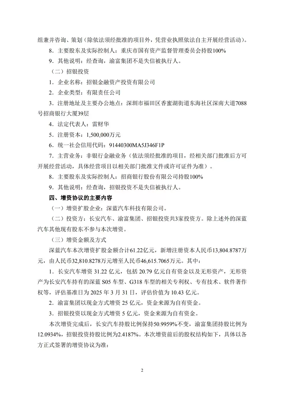 长安汽车：控股子公司深蓝汽车开展增资扩股，预计募资61.22亿元