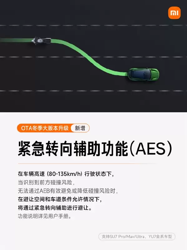 小米汽车OTA冬季大版本升级：6大新功能 支持自动变道避让了