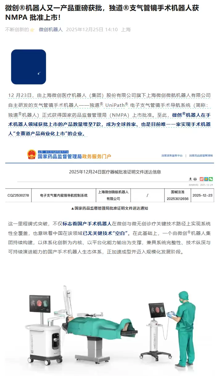 再次填补国产空白，微创独道支气管镜手术机器人获批上市
