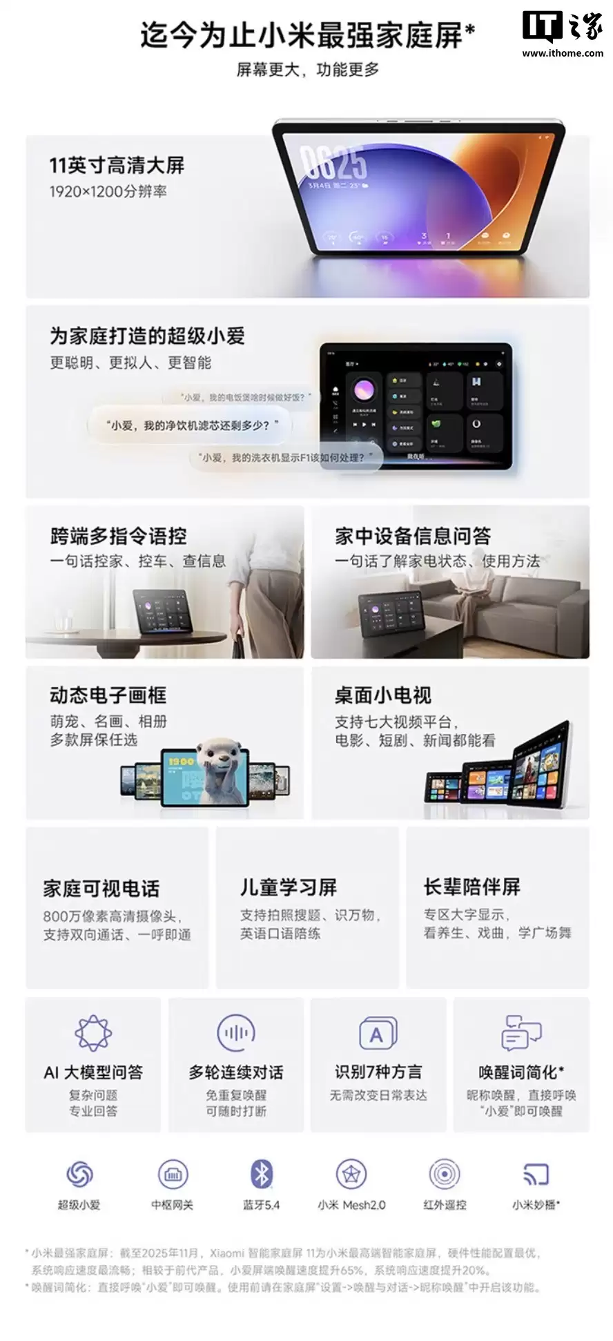 小米首款高端家庭屏：小米智能家庭屏 11 发布，1299 元