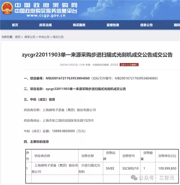 成交金额1.1亿元 上海微电子中标1台步进式扫描光刻机