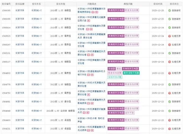 长安UNI-T多款车中控触控失灵 车主质保外维修难