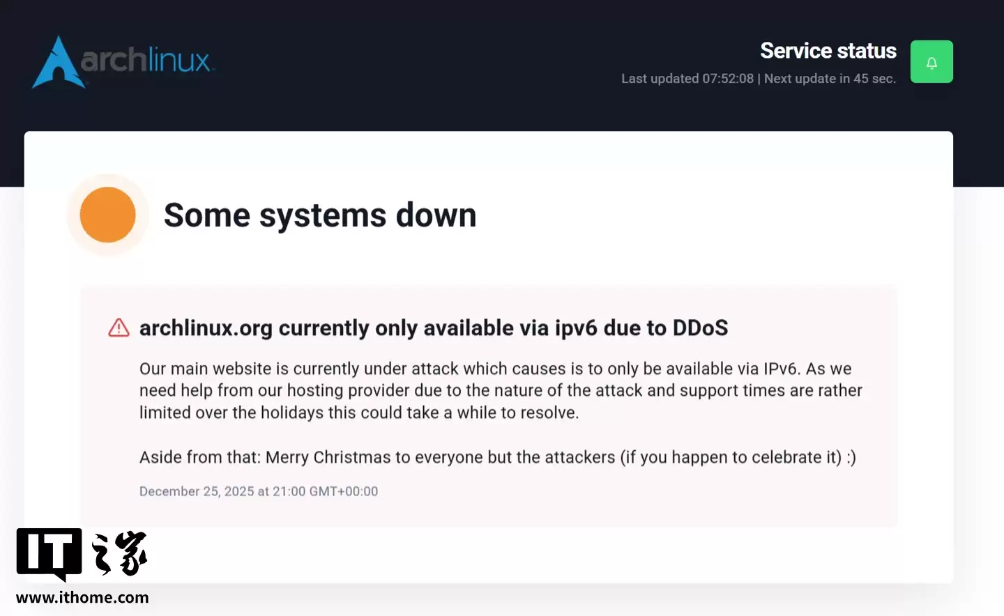 Arch Linux 官网遭受 DDoS 攻击,暂时只支持 IPv6 访问