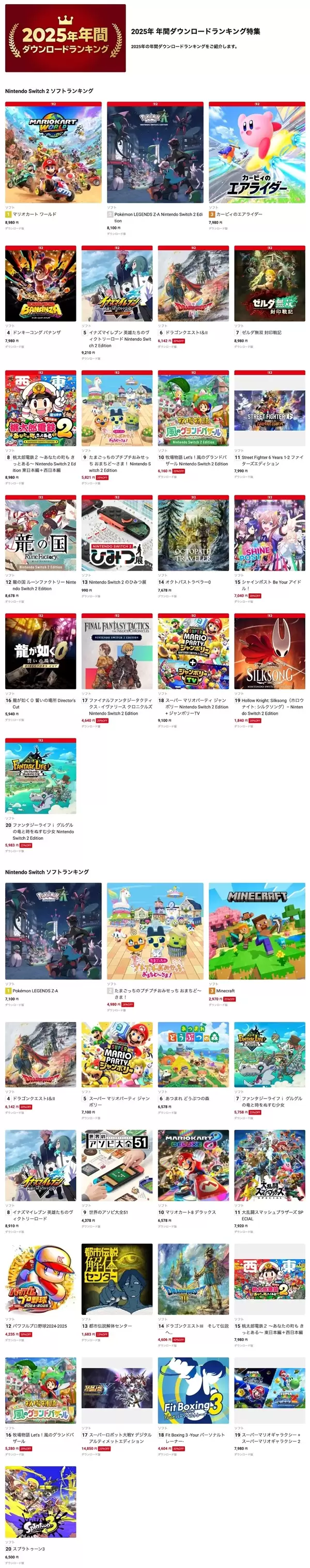 Switch+2游戏2025年度下载榜出炉：第一毫无悬念
