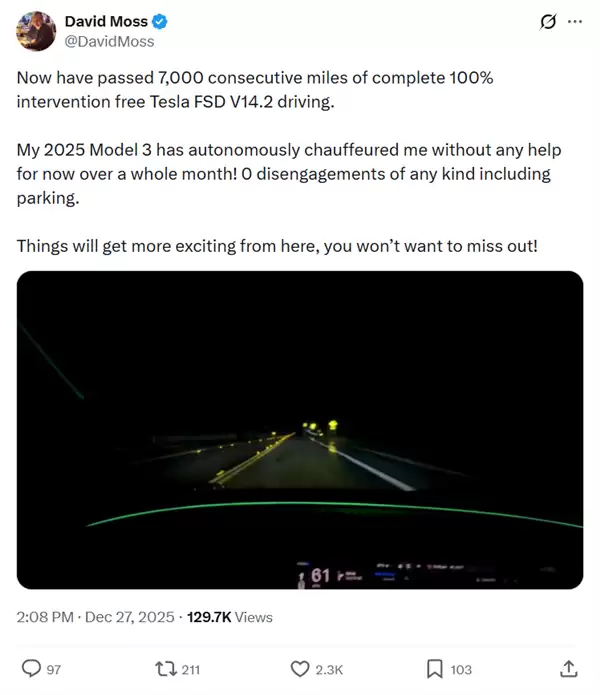 真自动驾驶！海外一特斯拉车主使用FSD连续7000英里 全程无接管