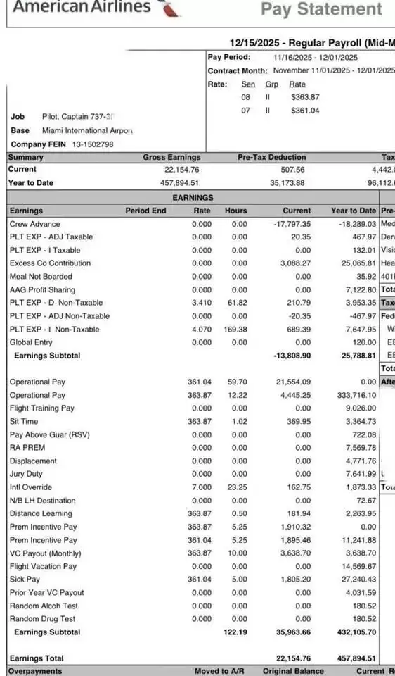 时薪361美元 一年约赚321万人民币!美飞行员晒工资单引羡慕