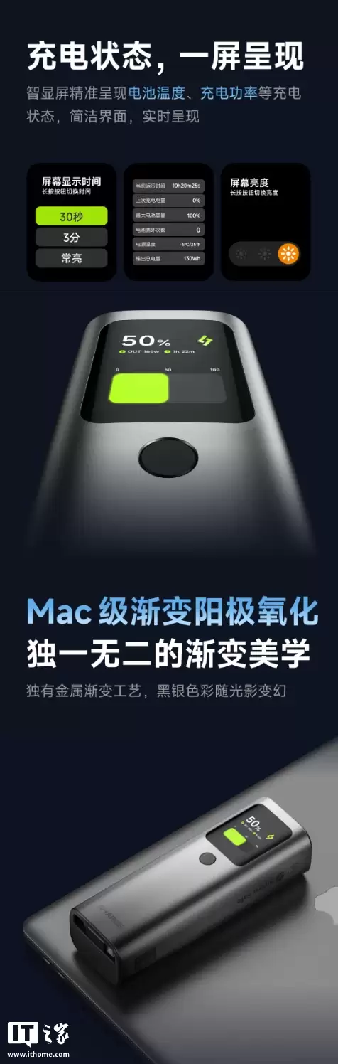 闪极推出 165W 自带线带屏 20000mAh 移动电源：2C+1A，349 元