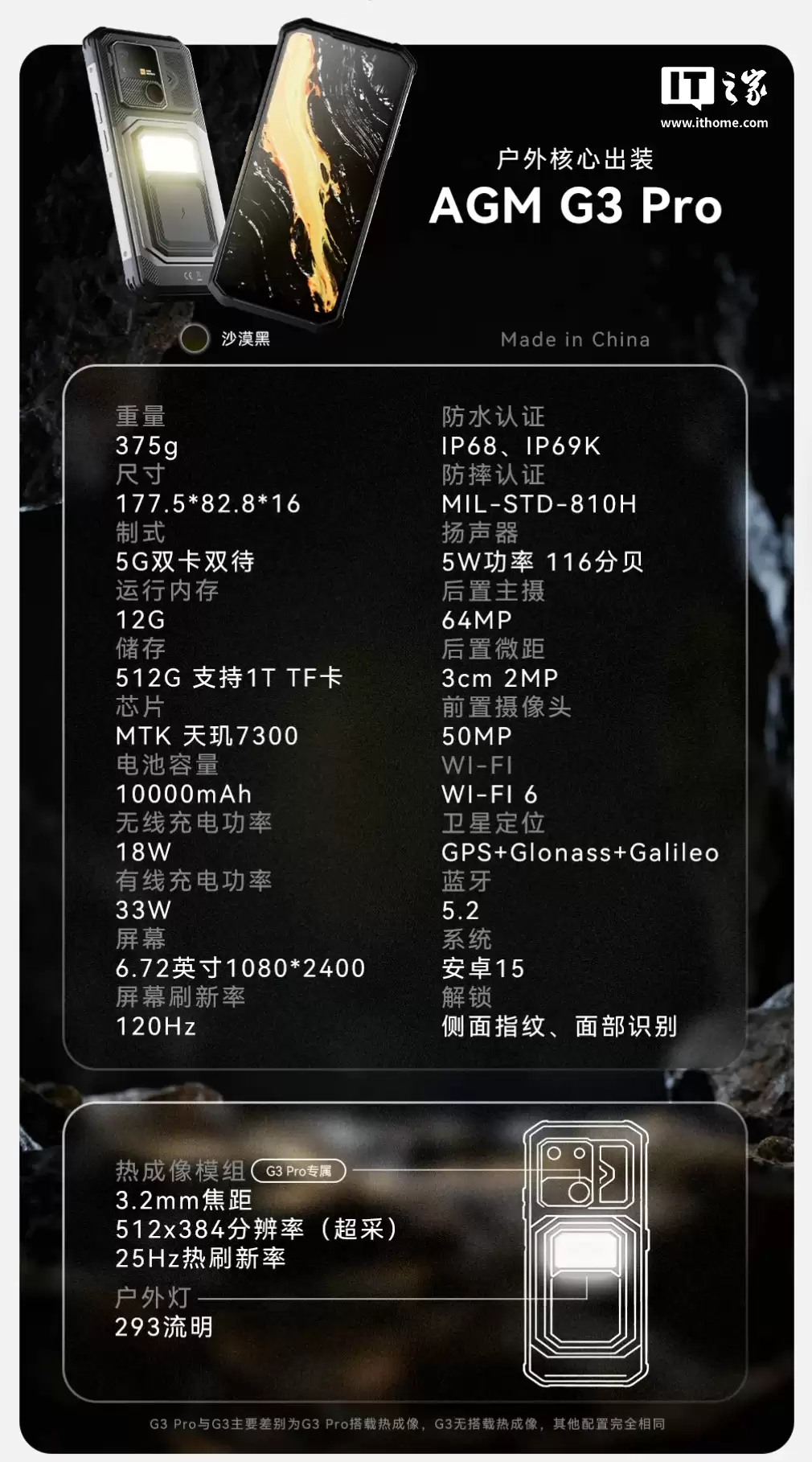 AGM G3 / Pro 三防手机发布:293 流明户外灯、5W 116 分贝扬声器、可选红外热成像,2999 元起