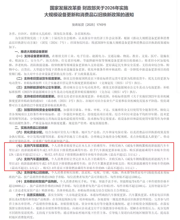 2026年国补支持汽车报废/置换更新：最高补贴车价12% 上限2万元